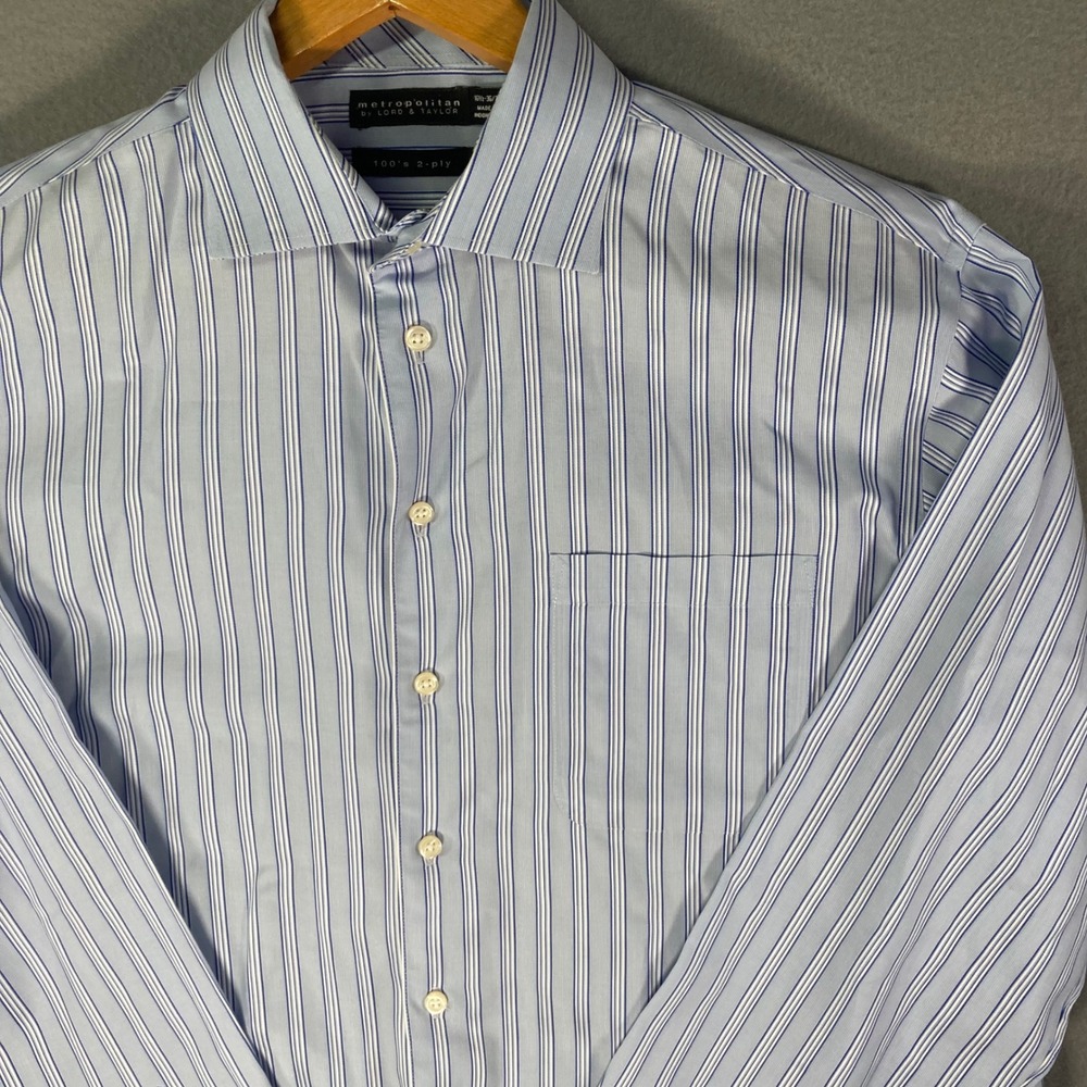 Metropolitan Lord & Taylor‎ Mens 16.5 36/37 Striped Dress Shirt Blue Cotton